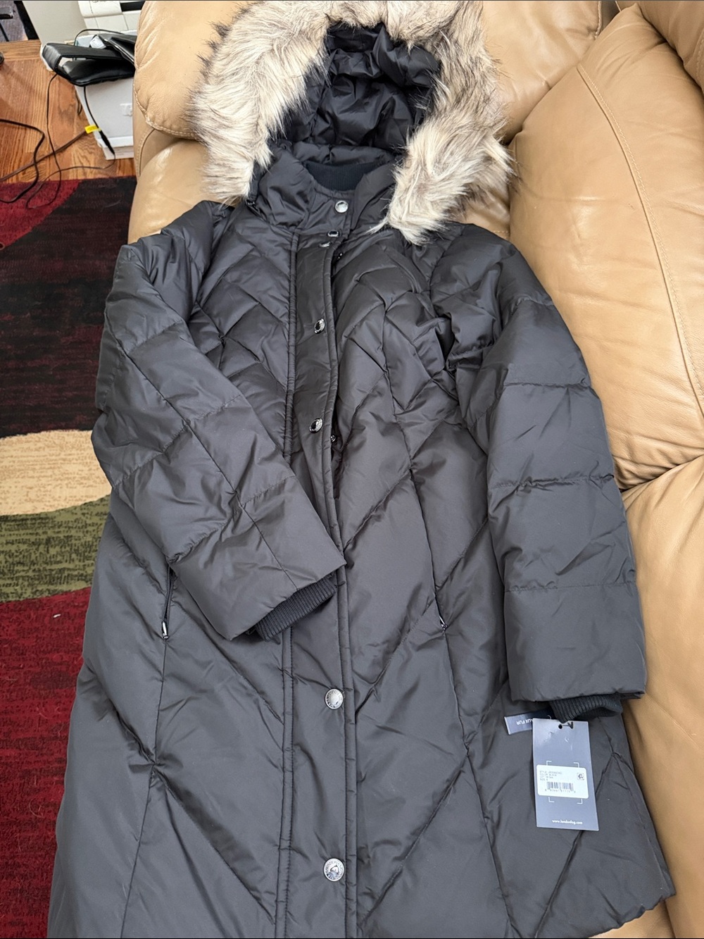 London Fog Black Quilted Faux-Fur Trim Long Puffer Coat